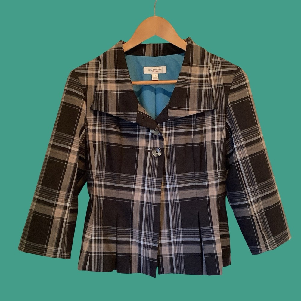 Isaac Mizrahi Womens Brown Plaid Fitted Blazer Pleated Business Jacket Sz 4